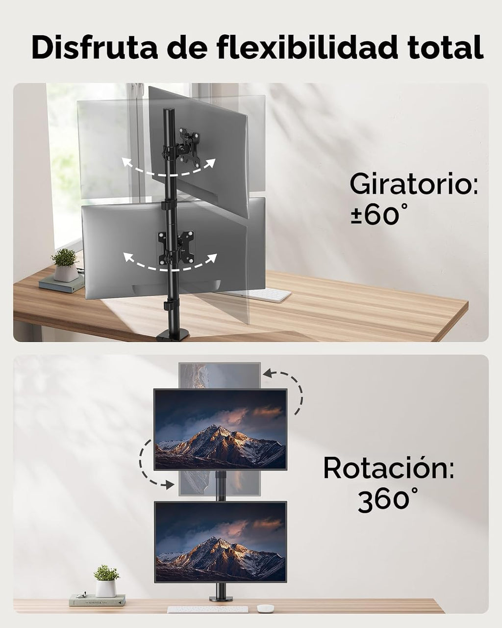 HUANUO Soporte vertical para monitor doble, soporte de monitor apilado para 2 monitores con ajuste de altura, brazo de monitor de computadora soporta dos de 17 a 32 pulgadas con abrazadera C, cada