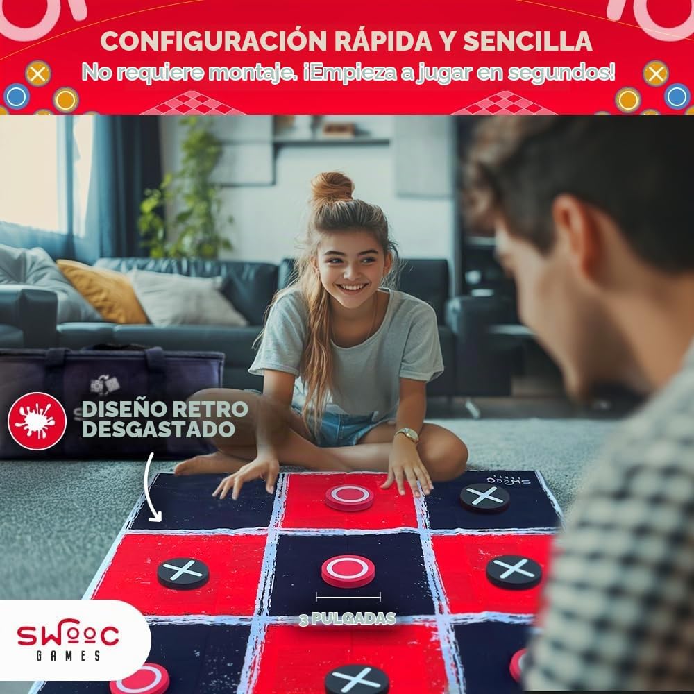 Swooc Games® - Juego Vintage Gigante de Damas y Tres en Raya 2 en 1 con Tapete (3 pies x 3 pies) - Lona 100% Lavable a Máquina - Juegos Gigantes al Aire Libre para Niños - Juego de Patio para Niños
