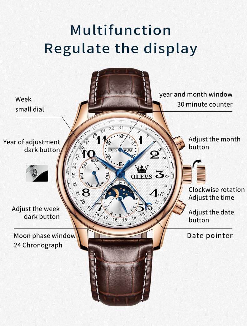 OLEVS - Relojes automáticos para hombre, multicalendario, con fase lunar, 3ATM impermeable, reloj de lujo clásico para negocios, de pulsera