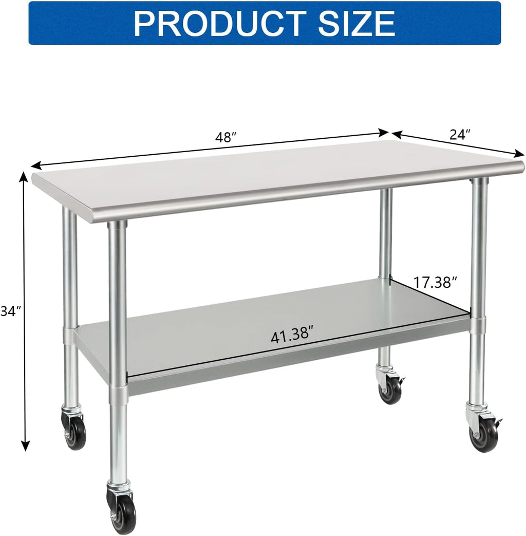 HARDURA Mesa comercial de acero inoxidable con ruedas de 24 x 48 pulgadas