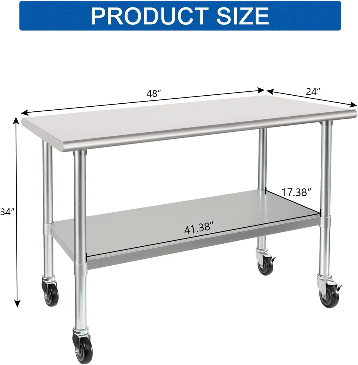HARDURA Mesa comercial de acero inoxidable con ruedas de 24 x 48 pulgadas