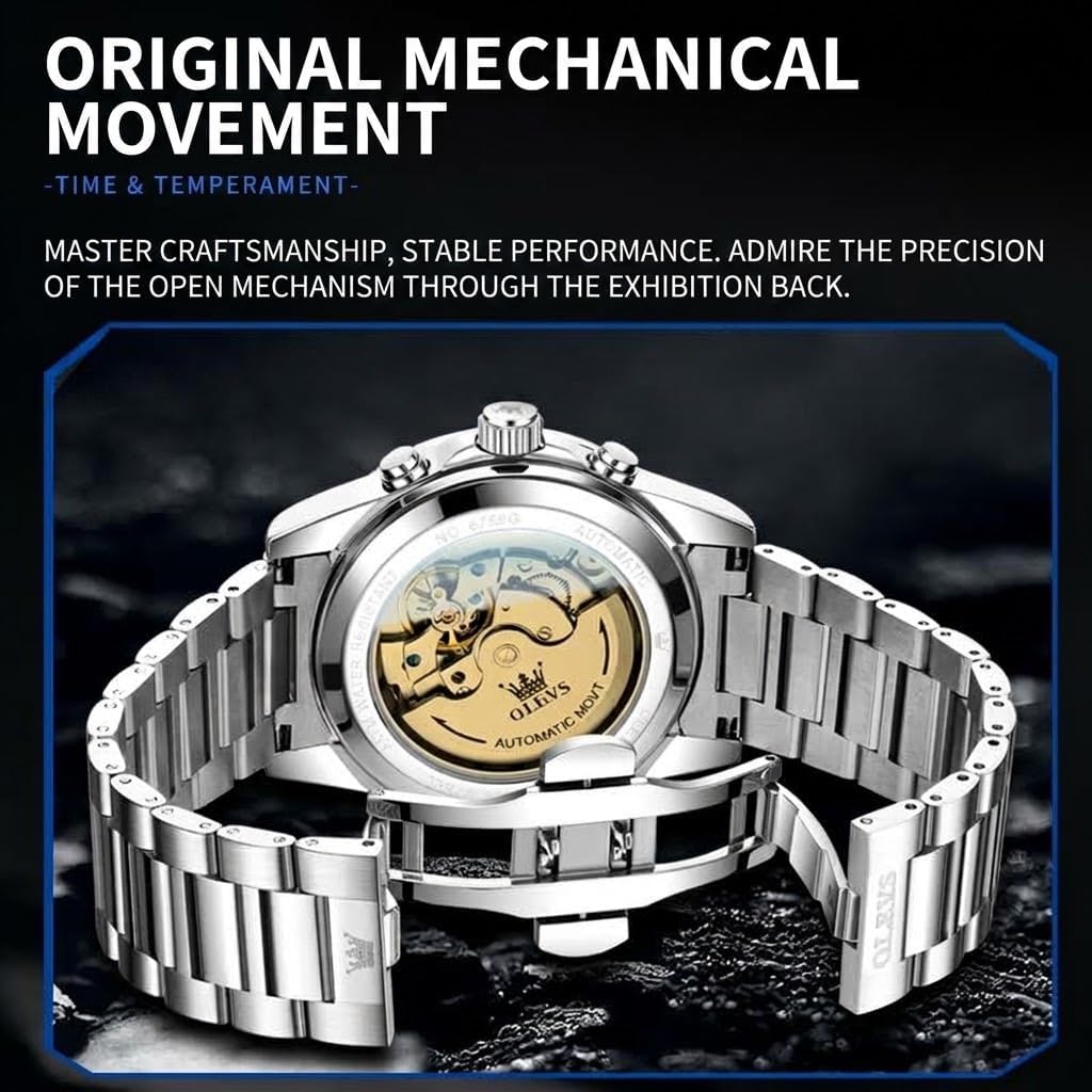 OLEVS Reloj automático para hombre, sin batería, impermeable, mecánico, de acero inoxidable, con cuerda automática, reloj de pulsera Luxuxry con tourbillon, día-día, año y cronógrafo, regalo para él