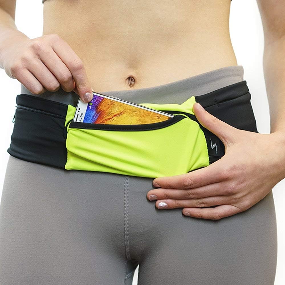 Riñonera ajustable de 3 bolsillos para correr, riñonera para entrenar con respaldo resistente al sudor, soporta todos los modelos de iPhone, HiViz/Negro, Cinturón para correr de 3 bolsillos versión 1