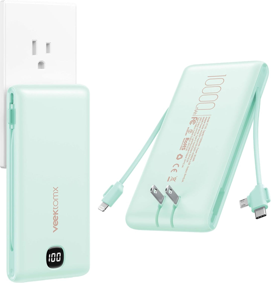 VEEKTOMX Cargador portátil con cables integrados de 10000 mAh, bate...