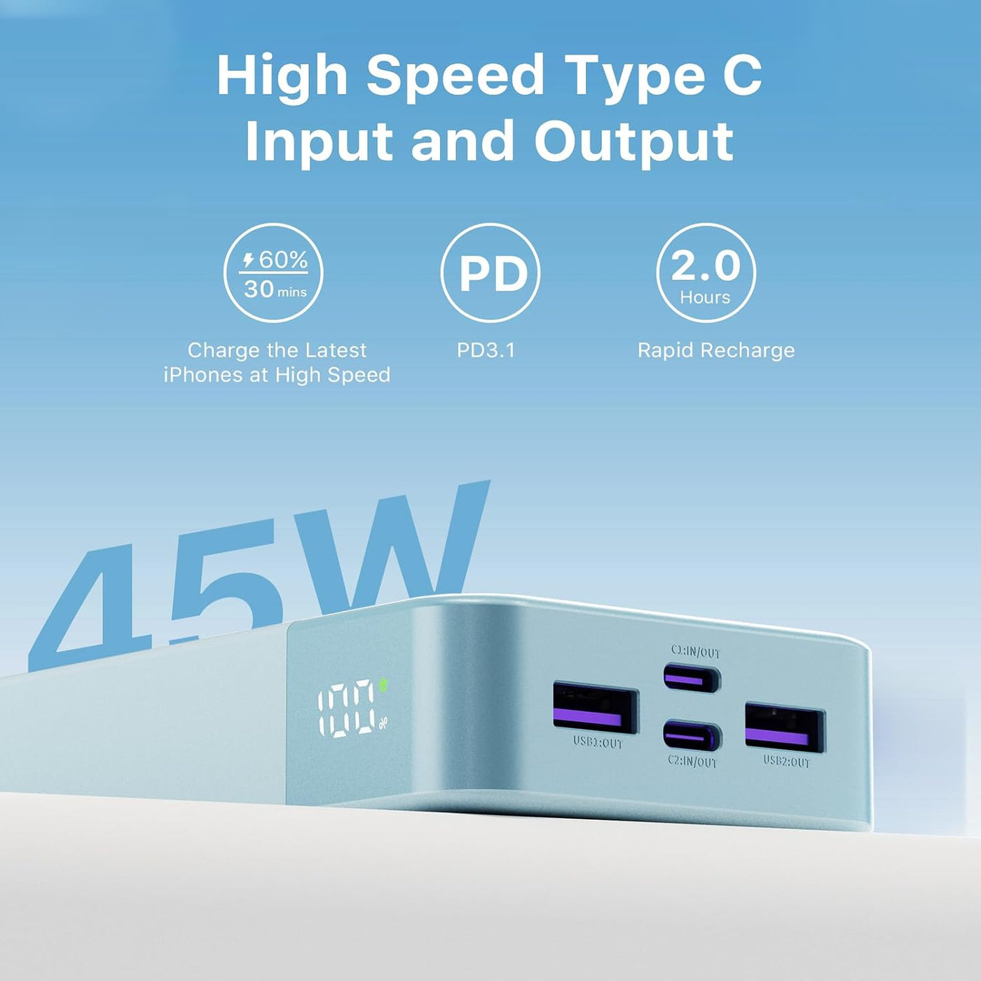 JUOVI J2621 20000mAh 45W Power Bank Cargador portátil, PD3.0 QC 4.0...