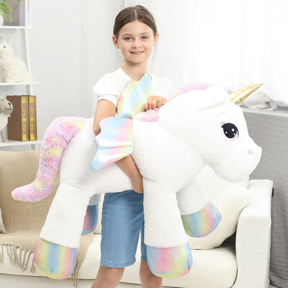 Almohada de peluche gigante de unicornio de 44 pulgadas, lindo unicornio grande suave con alas de arcoíris, juguete de peluche grande, regalos para novia, niñas, niños, cumpleaños, San