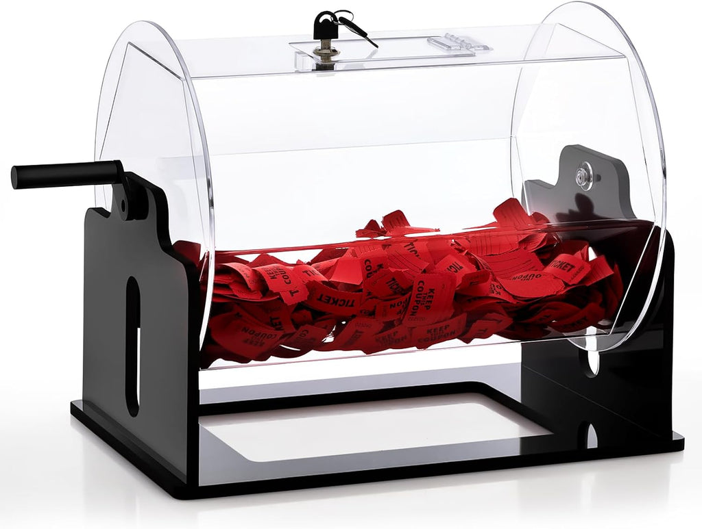 Tambor de rifa de acrílico extragrande, 16 x 12 x 14 pulgadas, jaula giratoria transparente con mano agitadora, caja giratoria de boletos transparente para bolas de juegos de sorteo de premios, capacidad para 4000 boletos (hexágono, negro)