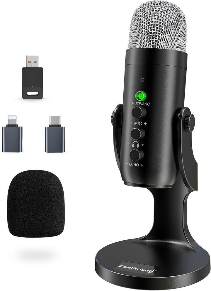 ZealSound Micrófono inalámbrico para PC, micrófono podcast con canc...