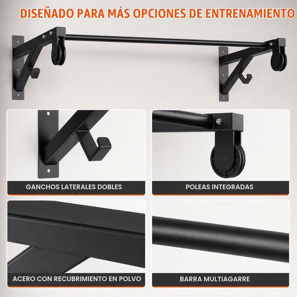 Barra de dominadas montada en la pared con sistema de polea