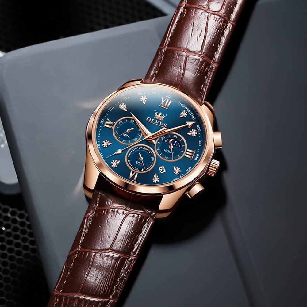 OLEVS Reloj de Hombre de Cuero con Cronógrafo Diamante Lujo Moda Vestimenta Analógico Cuarzo Pulsera Iluminada Resistente al Agua Fase Lunar Fecha