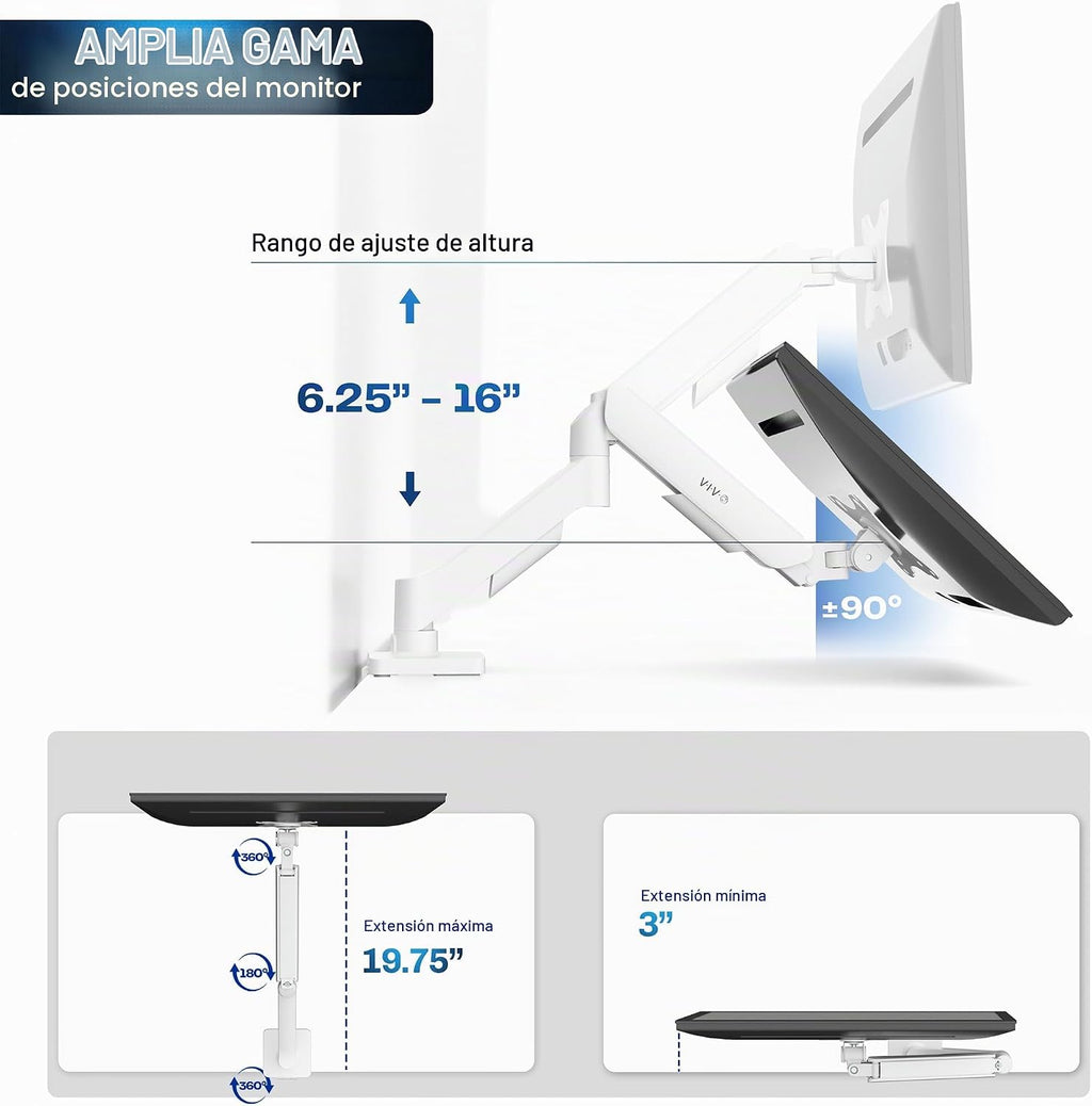 VIVO Soporte para monitor individual, brazo totalmente ajustable para pantalla de 17 a 32 pulgadas, soporte de escritorio articulado mecánico, configuraciones de juegos y oficina, VESA 75x75, 100x100, máximo 19.8 libras, clásico, blanco, STAND-V001OW
