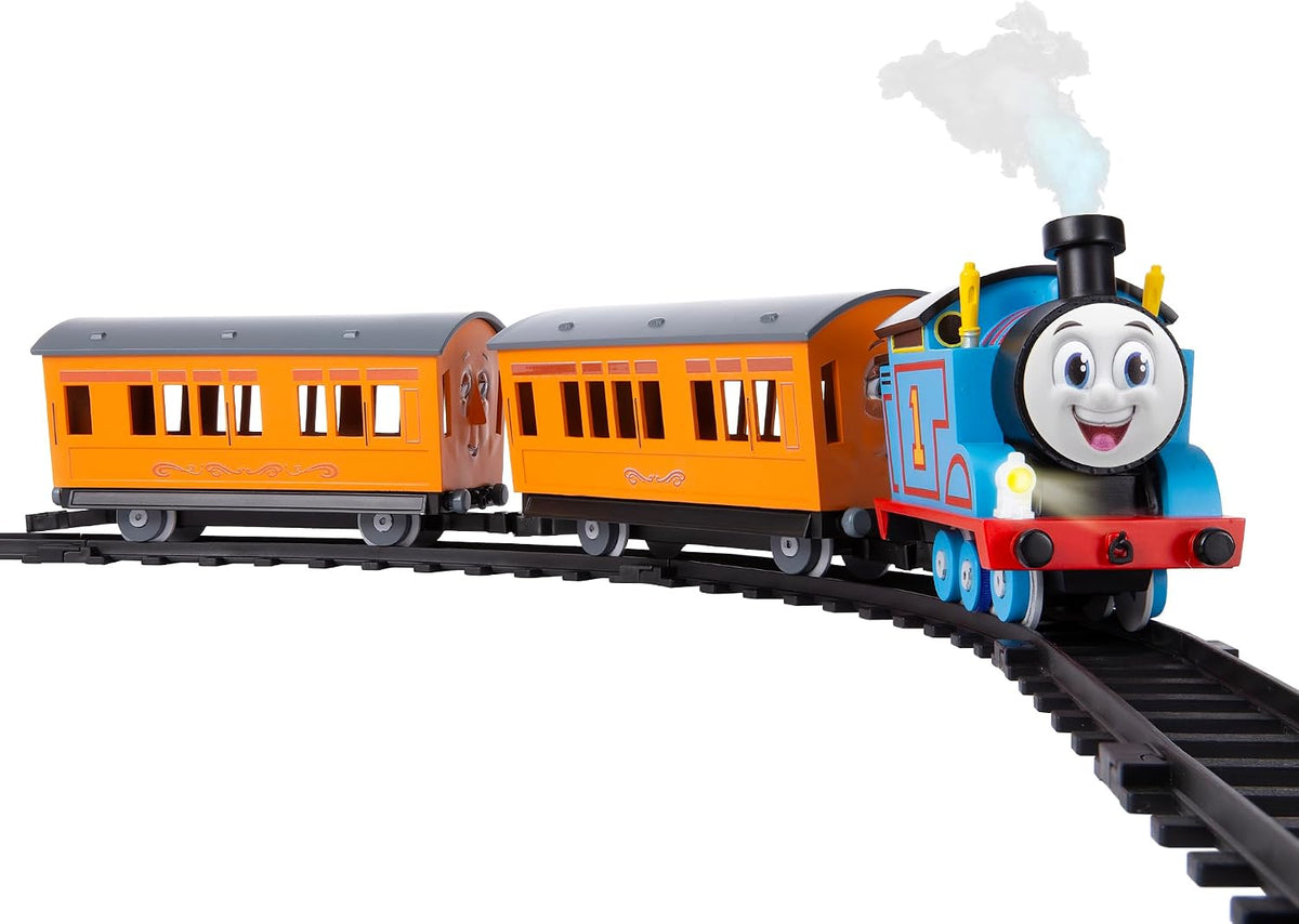 Juego de tren de juguete Lionel Mattel Thomas & Friends con batería, calibre O, con mando a distancia, locomotora, vagones de tren y vía con luces, sonidos auténticos de tren y efectos de vapor de