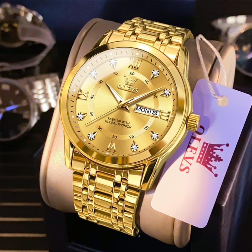 OLEVS Reloj de lujo para hombre de gran esfera con acero inoxidable y pulsera dorada, con día y fecha