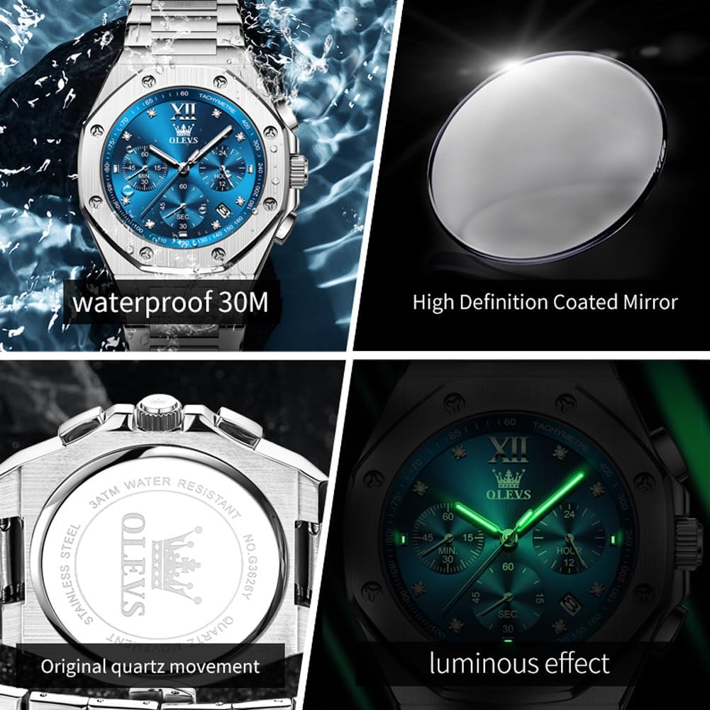 OLEVS Reloj para hombre Big Face Acero inoxidable Impermeable Luminoso Diamante
