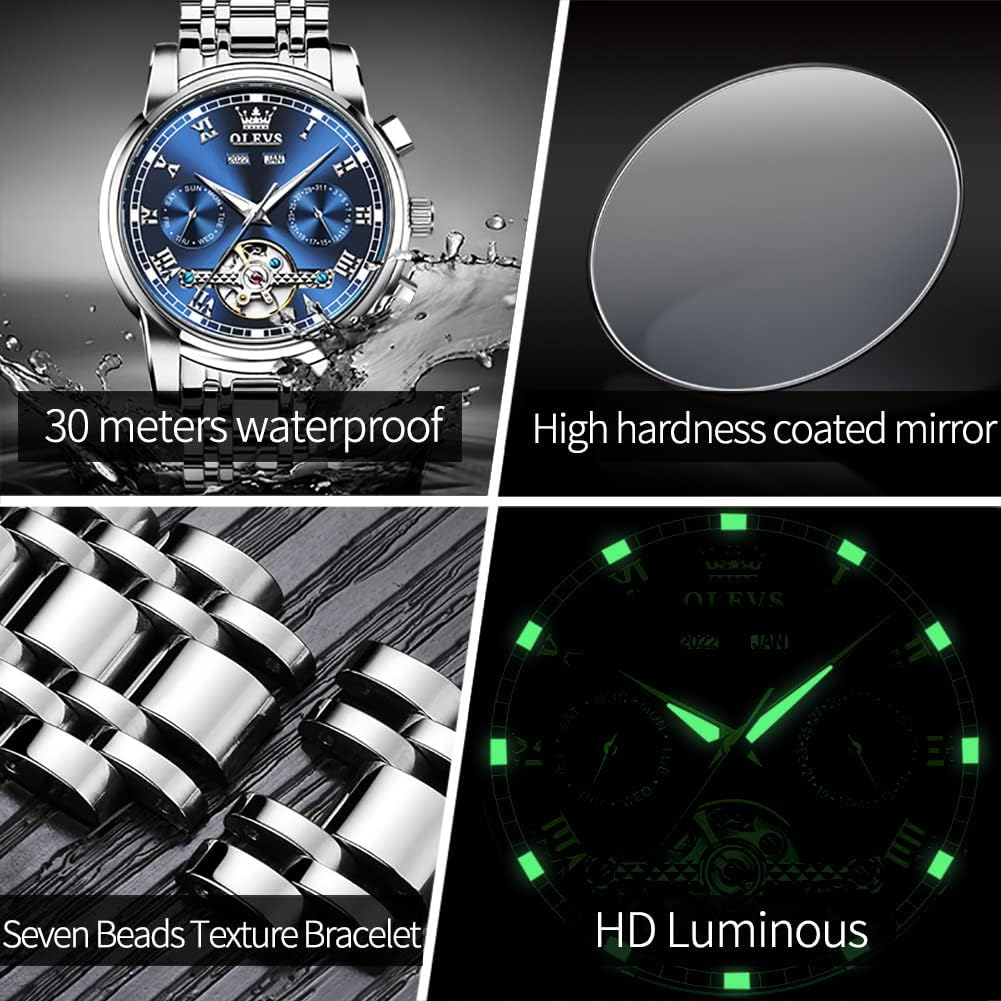 OLEVS Reloj automático para hombre, cuerda automática, mecánica, de lujo, de acero inoxidable, multicalendario, impermeable, luminoso, reloj de pulsera