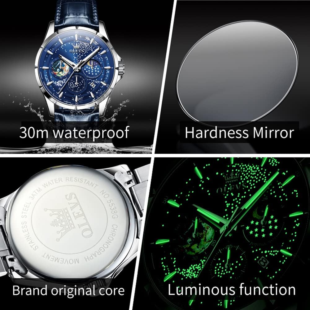 Reloj para Hombre OLEVS Esfera Cielo Estrellado Fase Lunar Lujo Negocios Analógico Cuarzo Clásico Casual Fecha Resistente al Agua Luminoso