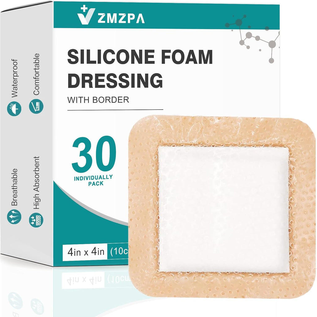 30 vendajes de espuma de silicona de 4 x 4 con borde suave, vendajes de silicona impermeables para el cuidado de heridas, parches para úlceras de cama, vendaje súper absorbente para heridas, almohadillas autoadhesivas para dolor de presión