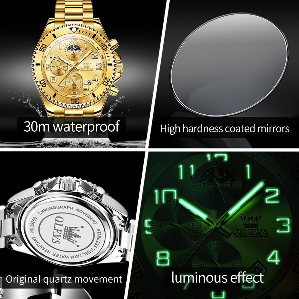OLEVS Relojes para hombre, de cara grande, de acero inoxidable, resistente al agua, con fecha, analógicos, de cuarzo, modernos, de negocios, relojes de pulsera para hombre