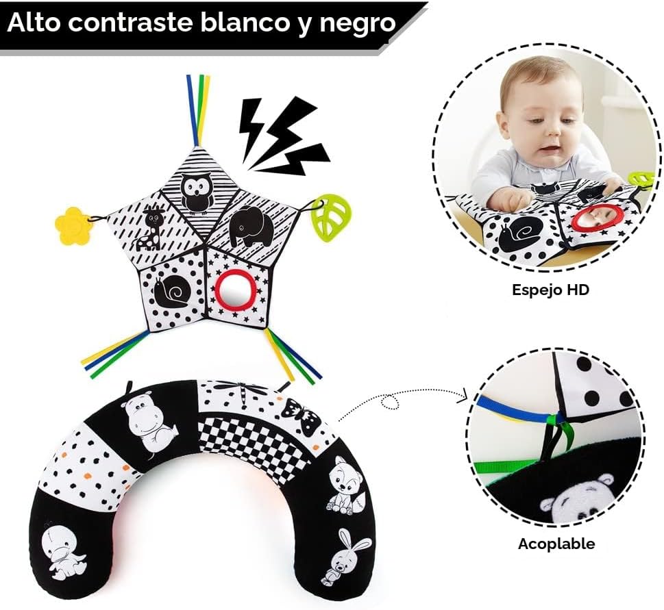 teytoy Almohada Tummy Time con alfombrilla arrugada y mordedores, juguetes para bebés en blanco y negro de alto contrasto con espejo, juguete sensorial Montessori para gatear para bebés recién nacidos