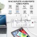 Regleta protectora de sobretensiones de 18 tomacorrientes – Cable de extensión de enchufe plano de 6 pies resistente con 18 tomas amplias y 4 puertos USB, 2100 julios, blanco, certificación ETL