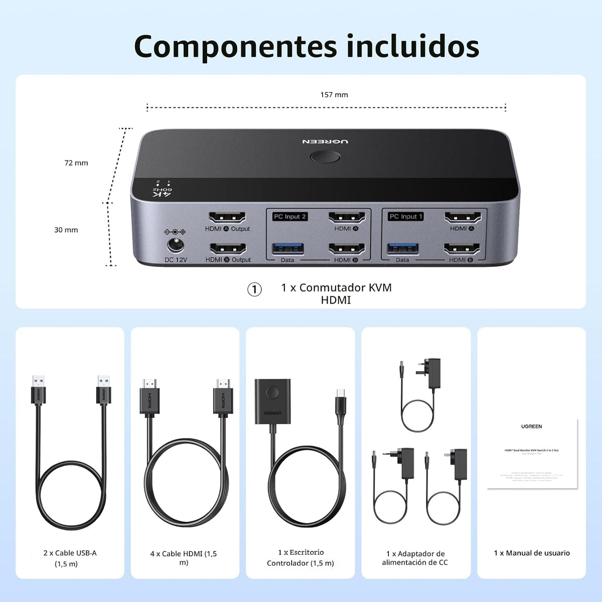 UGREEN Conmutador KVM HDMI 2 Monitores 2 Computadoras 4K@60Hz, con...