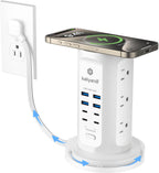 Torre de Regleta de Alimentación, kakyanill Torre Protector contra Sobretensiones 9 Tomas de CA 8 USB (4 USB C), Cable de Extensión Retráctil de 6 Pies, Estación de Carga para Oficina Cuarto de