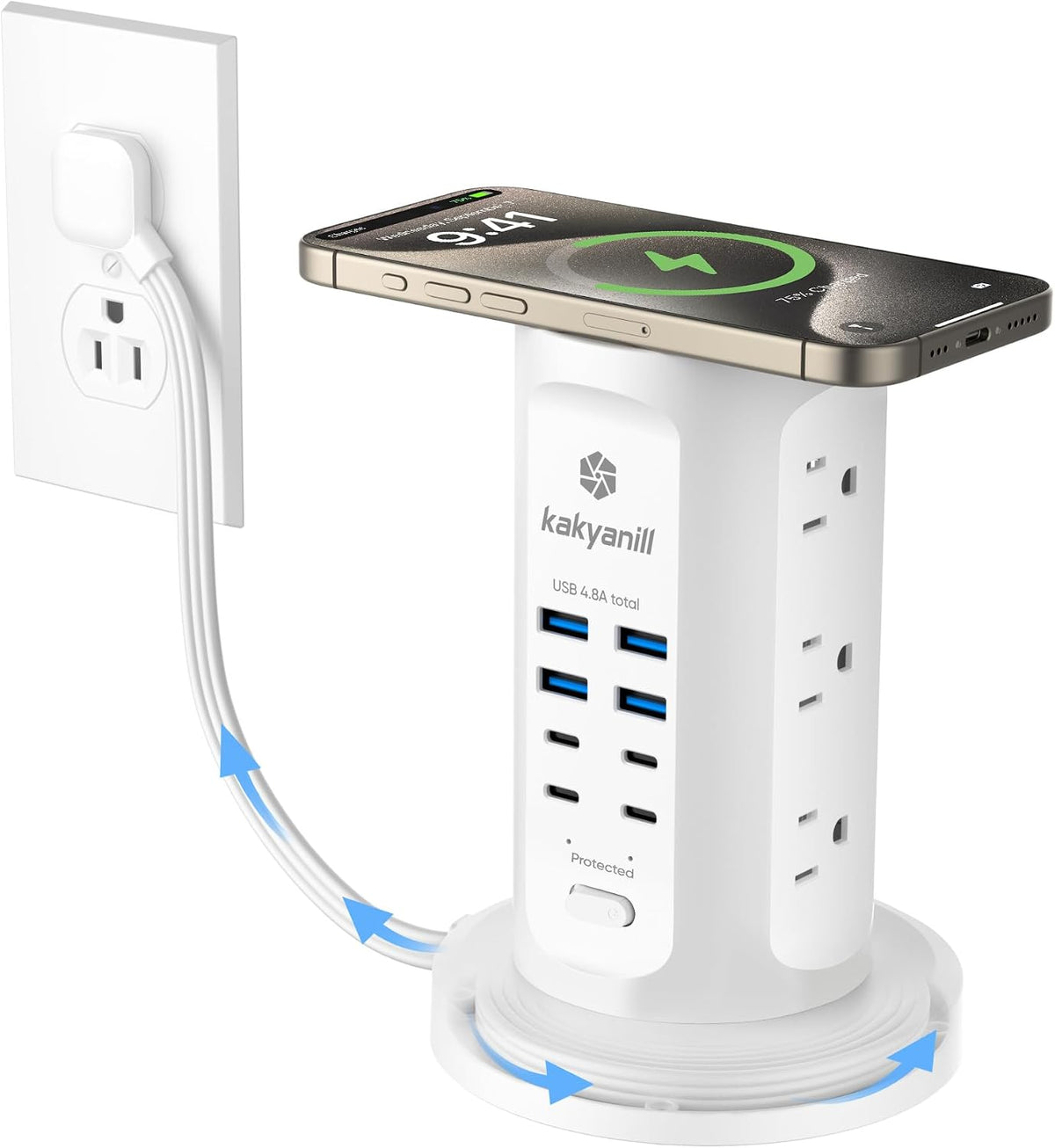 Torre de Regleta de Alimentación, kakyanill Torre Protector contra Sobretensiones 9 Tomas de CA 8 USB (4 USB C), Cable de Extensión Retráctil de 6 Pies, Estación de Carga para Oficina Cuarto de