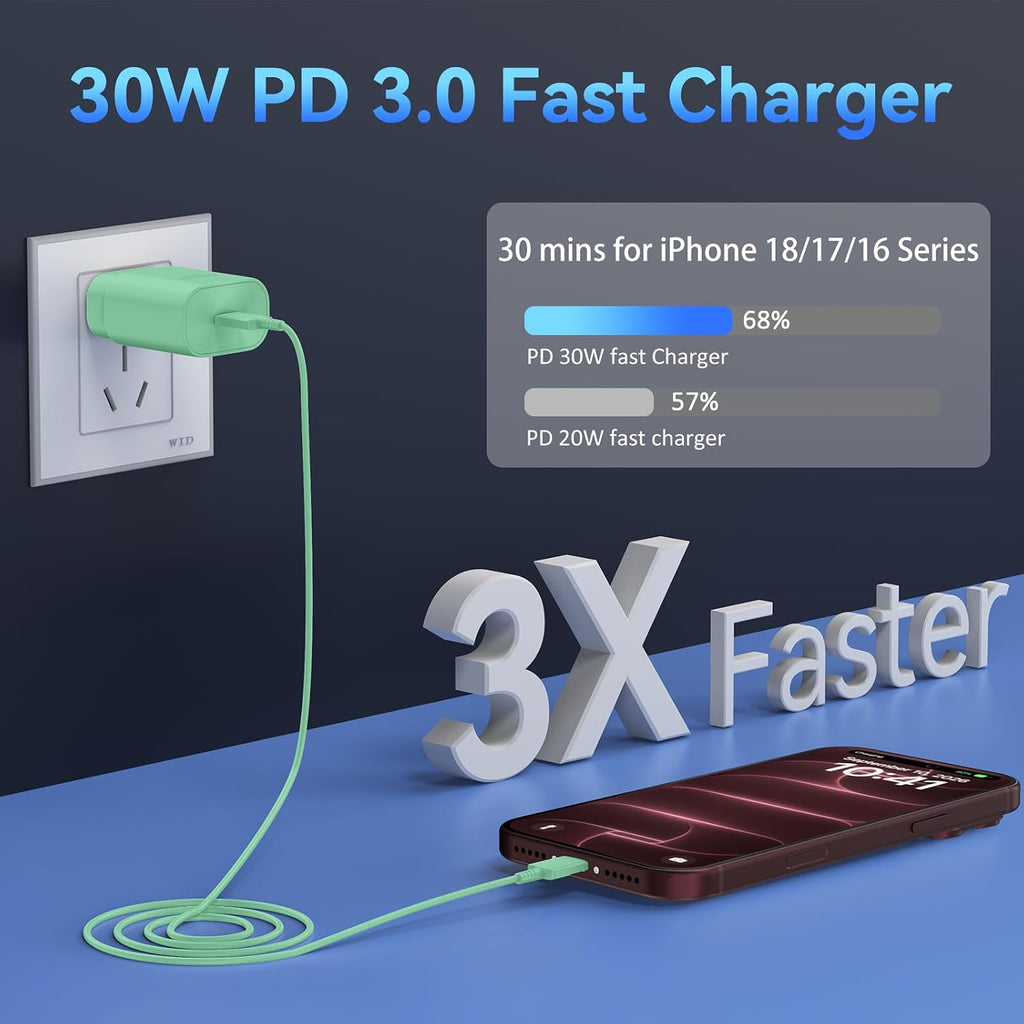 Cargador para teléfono 17 16 15 carga rápida, 30 W USB C Phone 17 16 15 Pro Max bloque de carga y cable tipo C de 10 pies de largo para i.Phone 17/Air/17 Pro/17 Pro Max/16/16 Plus/16 Pro/16 Pro Max/15/15 Pro Max, verde