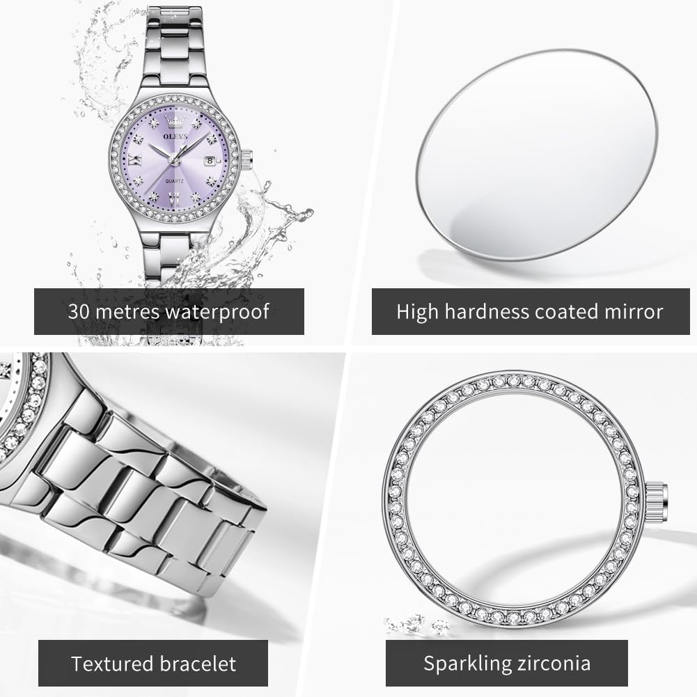 Reloj OLEVS para Mujer, Reloj de Plata para Mujer, Reloj de Vestir con Diamantes, Relojes para Mujeres con Pequeña Correa, Reloj de Lujo de Acero Inoxidable Resistente al Agua, Reloj Analógico de