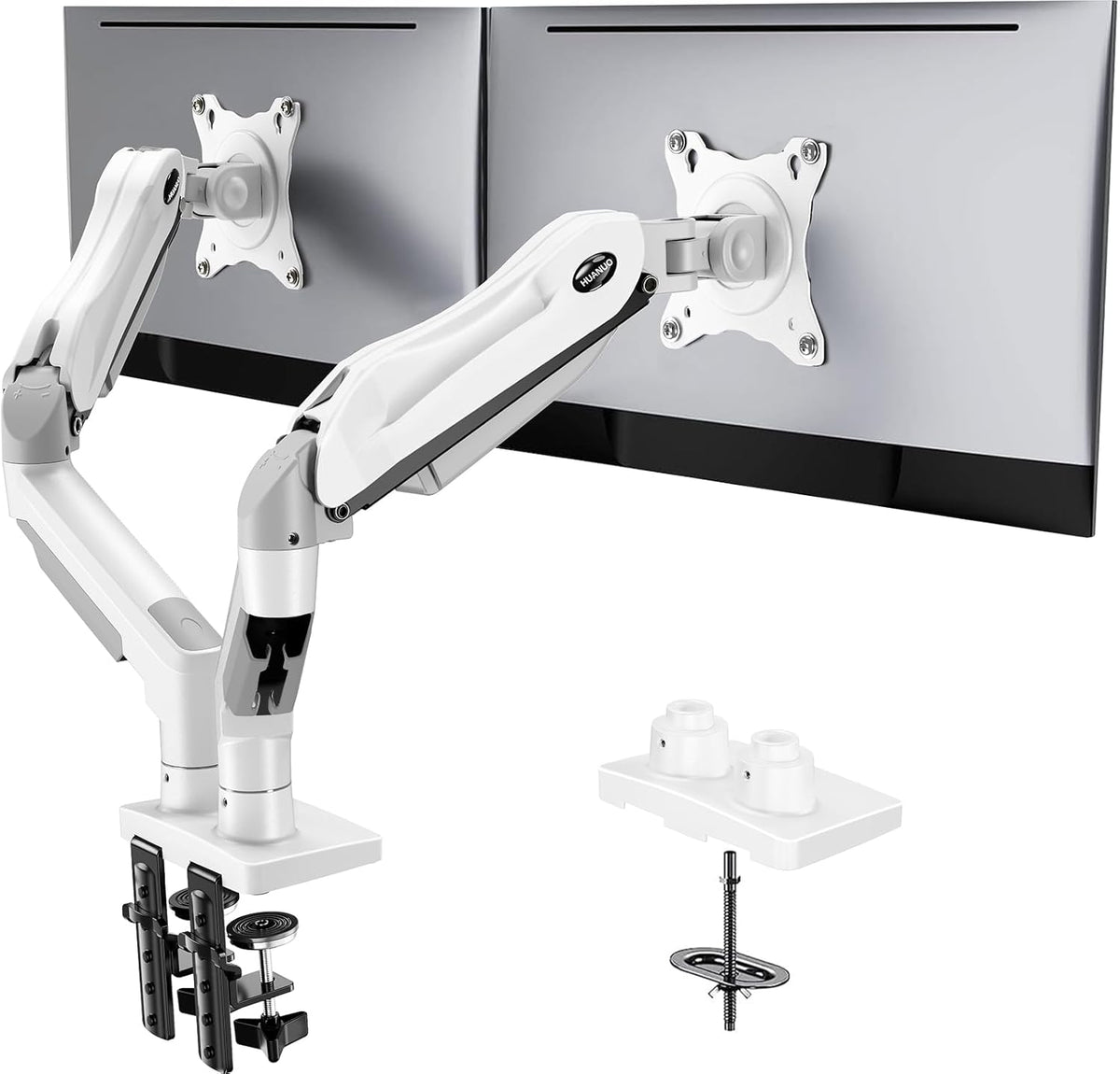 HUANUO Soporte para Monitor Dual - Soporte de Escritorio para Monitor Completamente Ajustable con Brazo Giratorio y Soporte Vesa con Abrazadera C, Base de Montaje con Ojal para Pantallas de