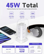 Regleta de alimentación en torre con puerto de carga rápida PD de 30 W, 12 tomas, 4 puertos USB (2 USB-C), protector de sobretensiones de 1800J, estación de carga para múltiples dispositivos, cable de
