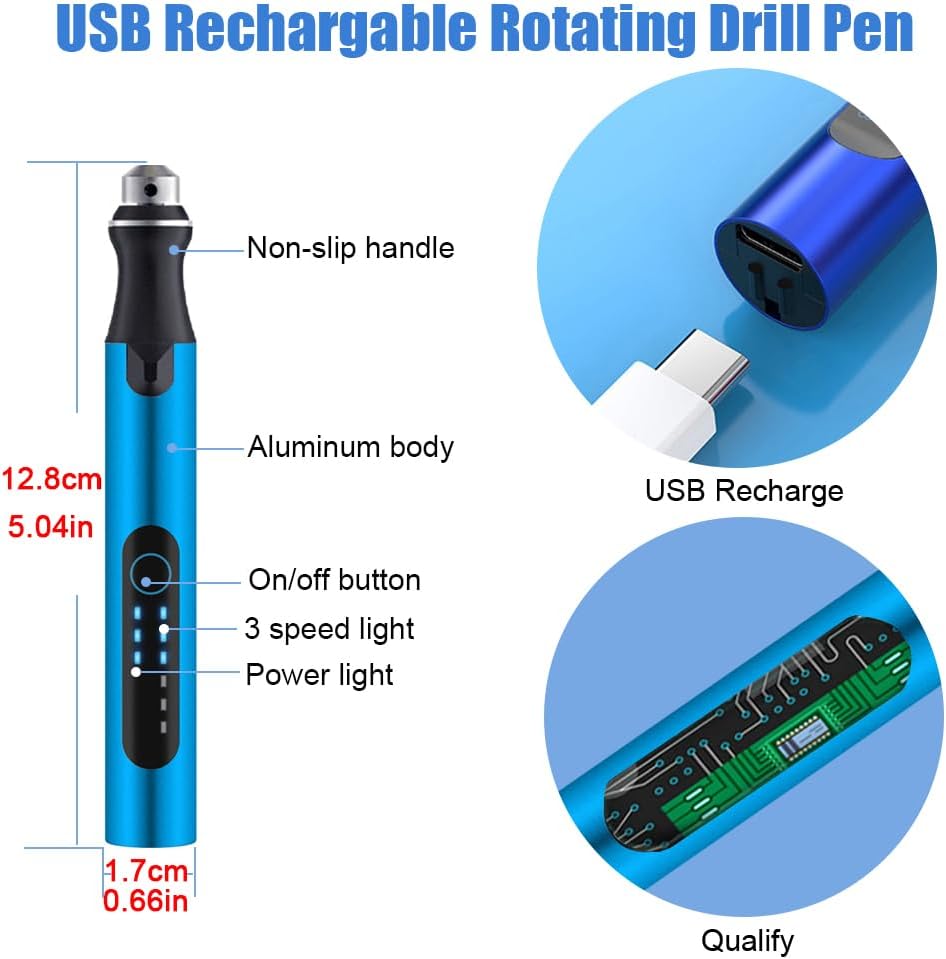Mini taladro inalámbrico de 3 velocidades con 10 brocas pequeñas, tornillo de banco eléctrico recargable, juego de brocas de resina para fabricación de joyas, resina, plástico, madera, llaveros (azul)