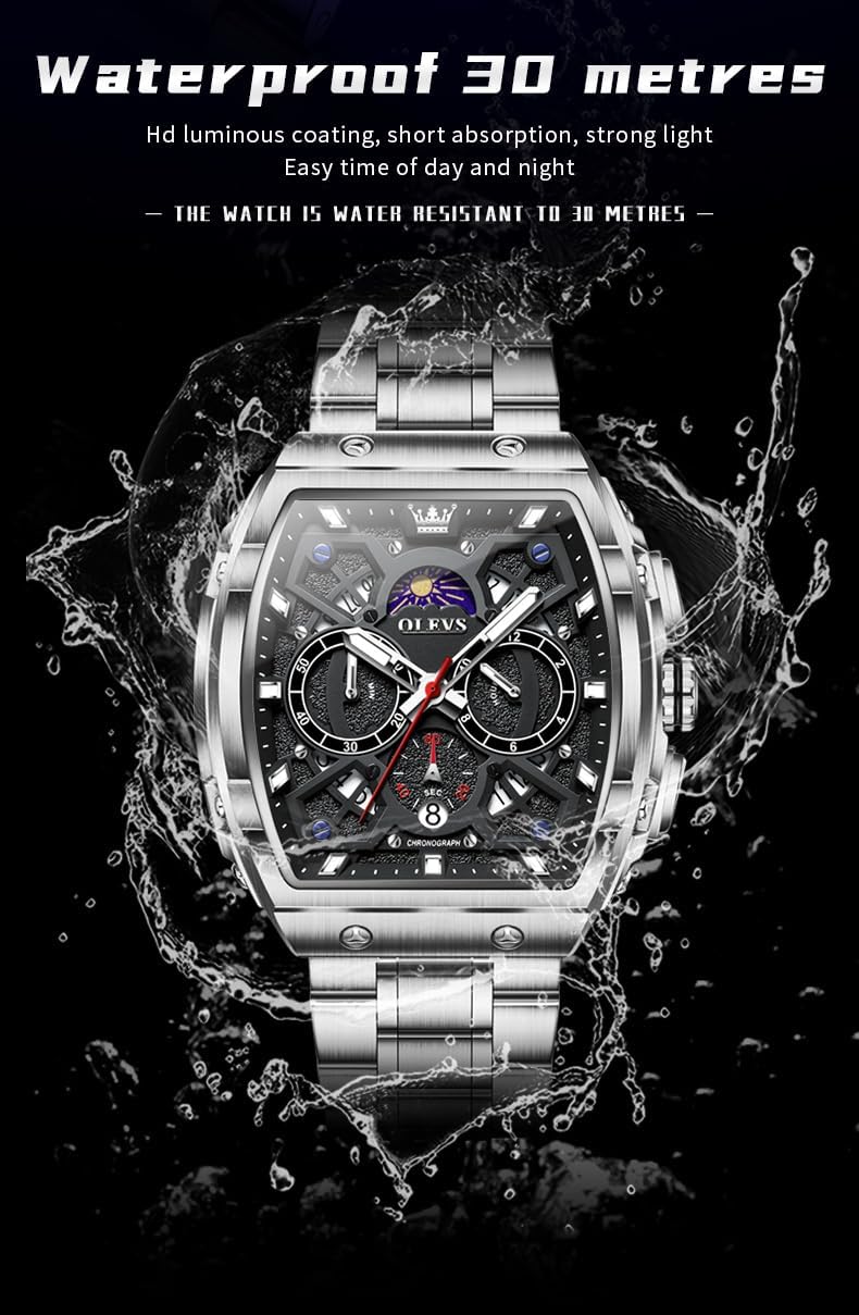 OLEVS Relojes para Hombres Business Dress Chronograph Cuadrado Grande Analógico con Correa de Silicona a prueba de agua con Fecha Regalo para Hombre Reloj de Muñeca Plateado