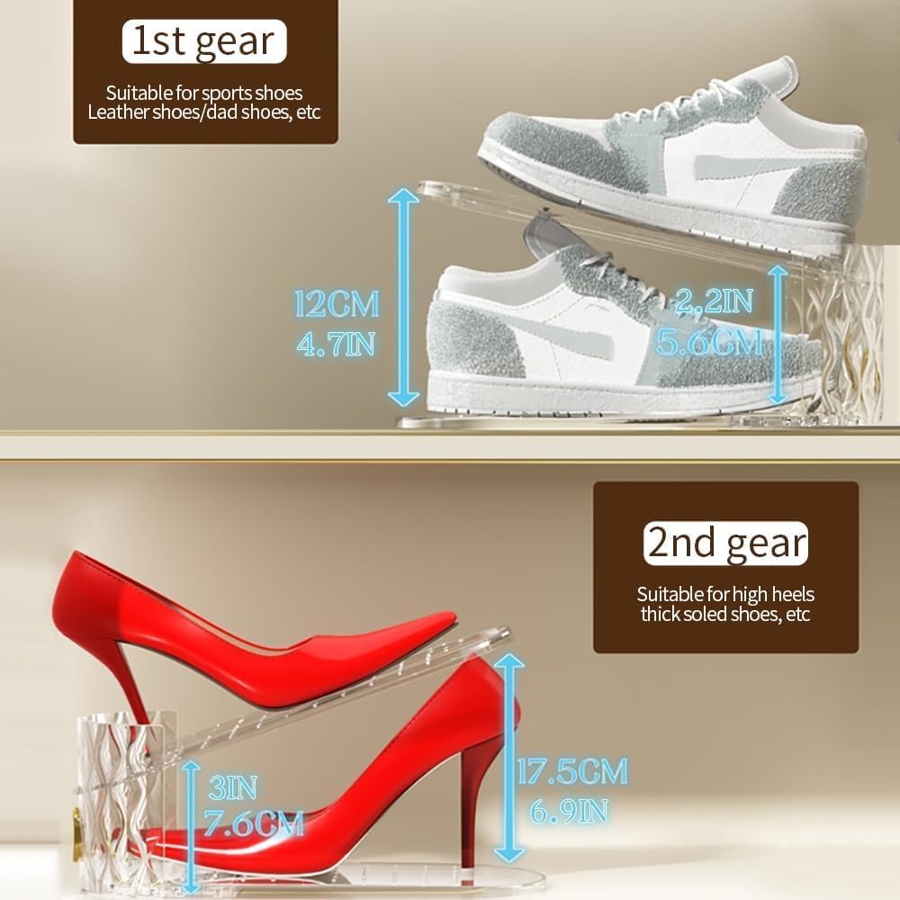 Organizador de ranuras para zapatos, paquete de 15, apilador de zapatos ajustable para almacenamiento en el armario, transparente de doble capa ahorrador de espacio, duradero y apilable para zapatos deportivos y tacones planos