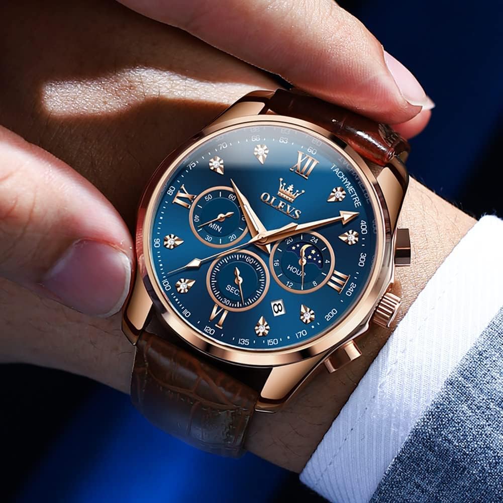 OLEVS Reloj de Hombre de Cuero con Cronógrafo Diamante Lujo Moda Vestimenta Analógico Cuarzo Pulsera Iluminada Resistente al Agua Fase Lunar Fecha