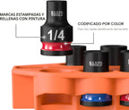 Klein Tools 33809 Juego de zócalos de impacto para llevar, SAE, juego de 10 piezas con funda, mosquetón y accionamiento de 3/8 pulgadas, zócalos codificados por color de 1/4, 5/16, 3/8, 7/16, 1/2, 9