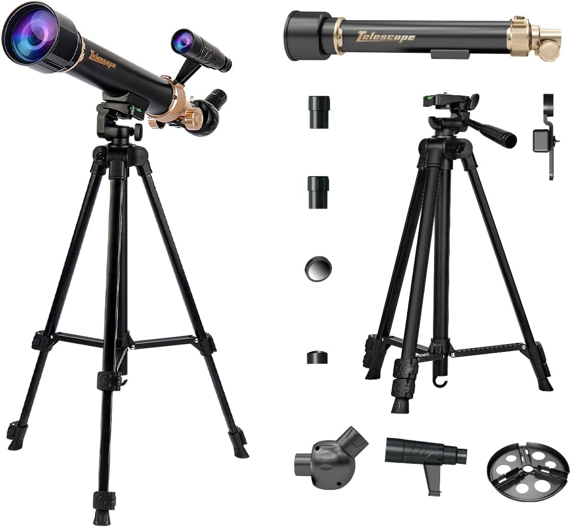 Telescopio para Niños y Adultos con Lentes 60X/30X, Trípode de Aleación Ajustable, Soporte para Teléfono Móvil, Montura de Cabezal Gimbal 360° para Observación de Estrellas y Naturaleza, Apto para Entusiastas de la Astronomía