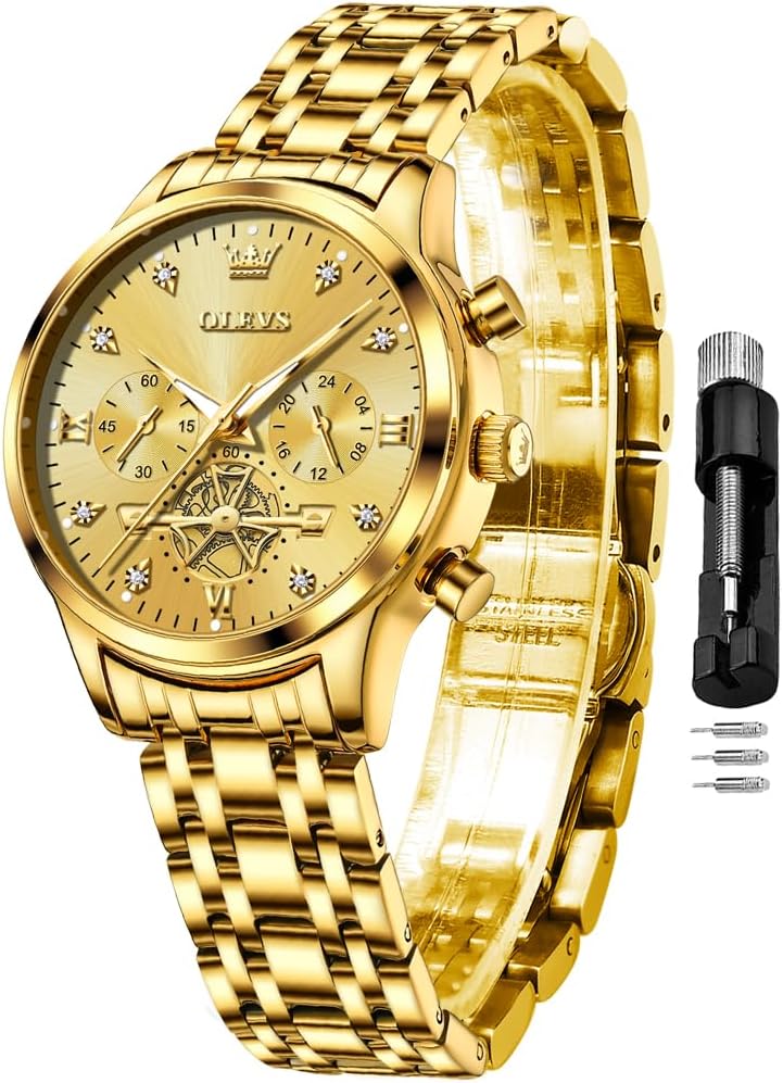 OLEVS Relojes para mujeres de negocios, con diamante, pulsera de acero inoxidable, fecha, impermeable, tono bicolor para mujer