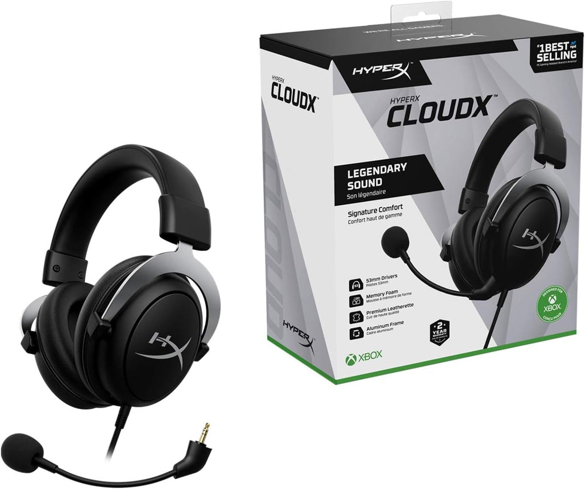 HyperX CloudX, auriculares oficiales para juegos con licencia de Xbox, compatibles con Xbox One y Series X|S, almohadillas de espuma viscoelástica, micrófono desmontable con cancelación de ruido, controles de audio en línea, negro/plateado