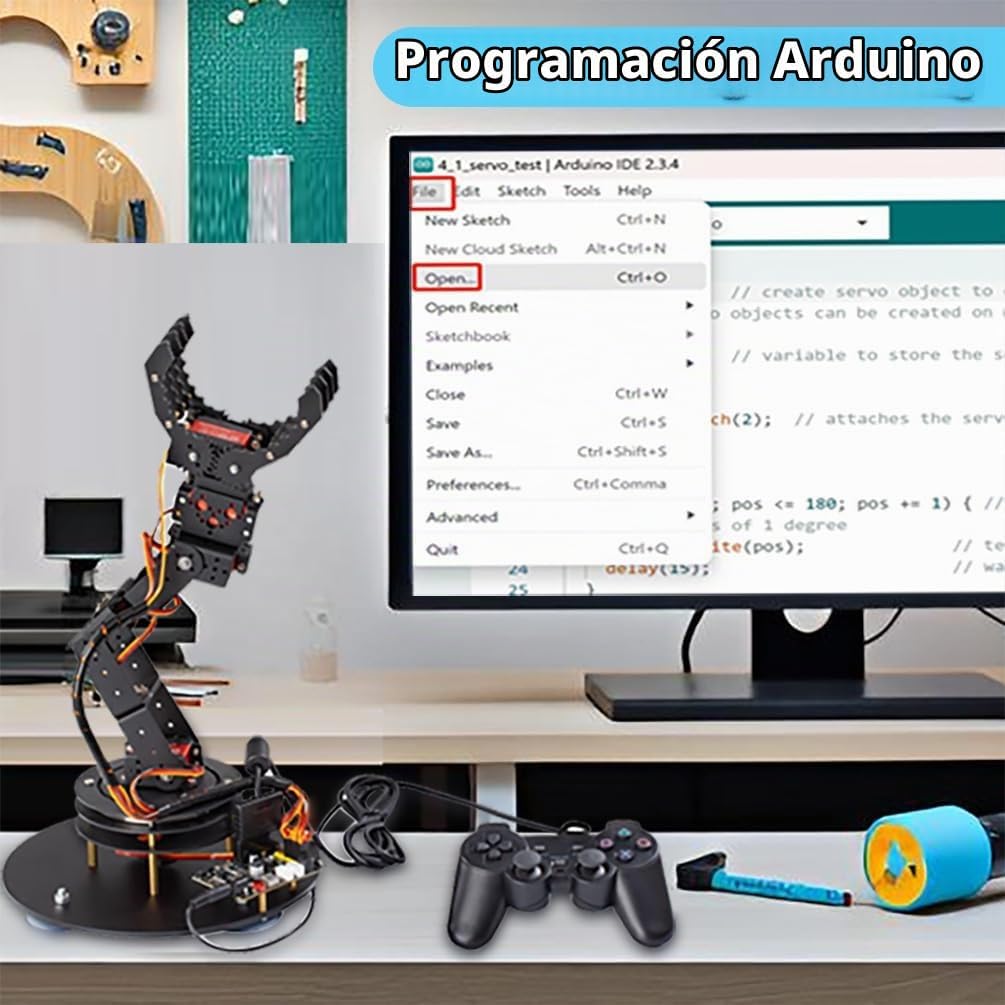 Kit de brazo de robot de metal de 6 ejes con control de joystick para programación Arduino, brazo robótico DIY para aprendizaje STEM, construcción educativa y juego, proyectos de servomotores