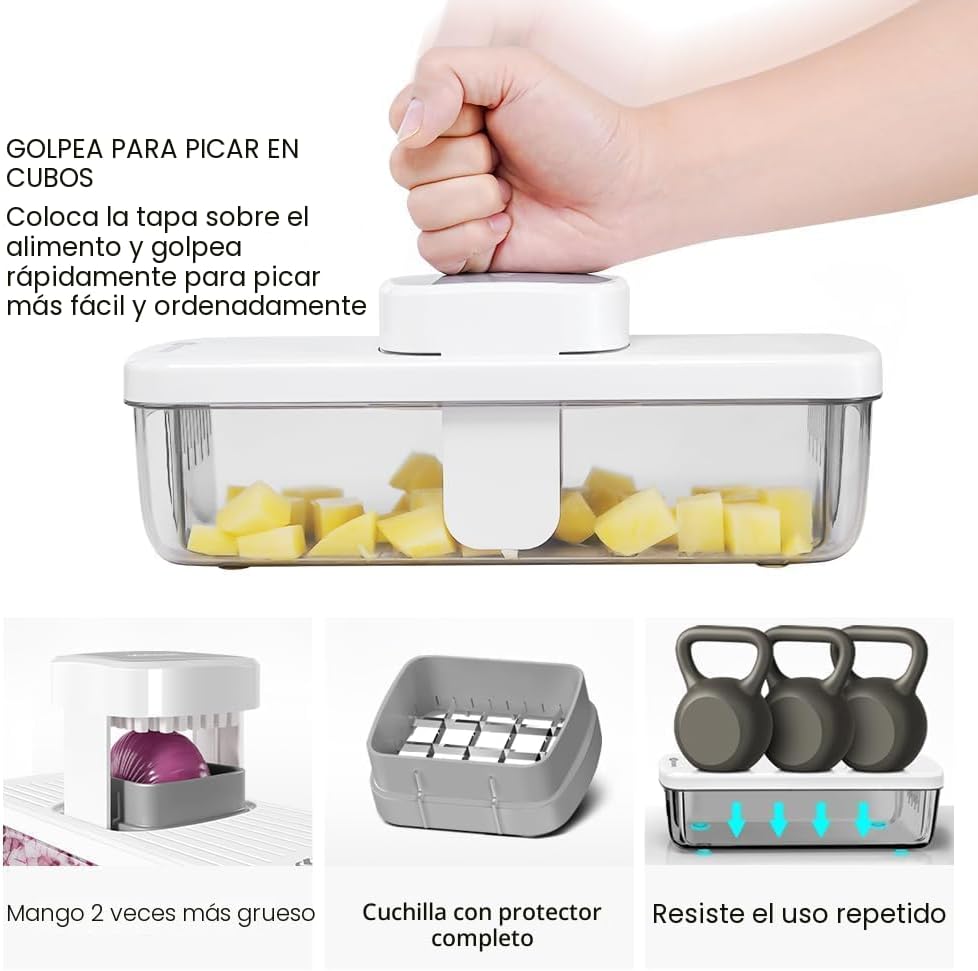 KEOUKE Cortador vertical de verduras 8 en 1, cortador de mandolina con recipiente blanco, cortador seguro con protector de mano para cocina, fácil preparación de alimentos, cebolla, papa, frutas vegetales