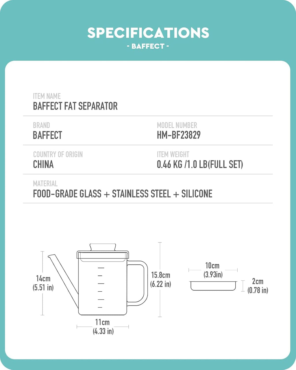 Baffect Separador de Grasa de Vidrio, Recipiente para Grasa de Tocino con Colador, Lata de Almacenamiento de Aceite de Freír para Cocina (1L / 4 Tazas)