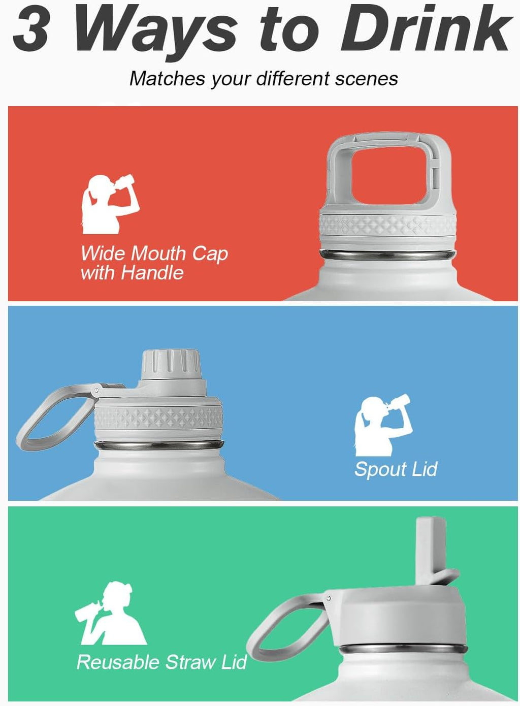 Coolflask Botella de agua de 128 onzas aislada con popote y 3 tapas a