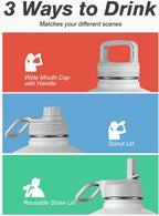 Coolflask Botella de agua de 128 onzas aislada con popote y 3 tapas a