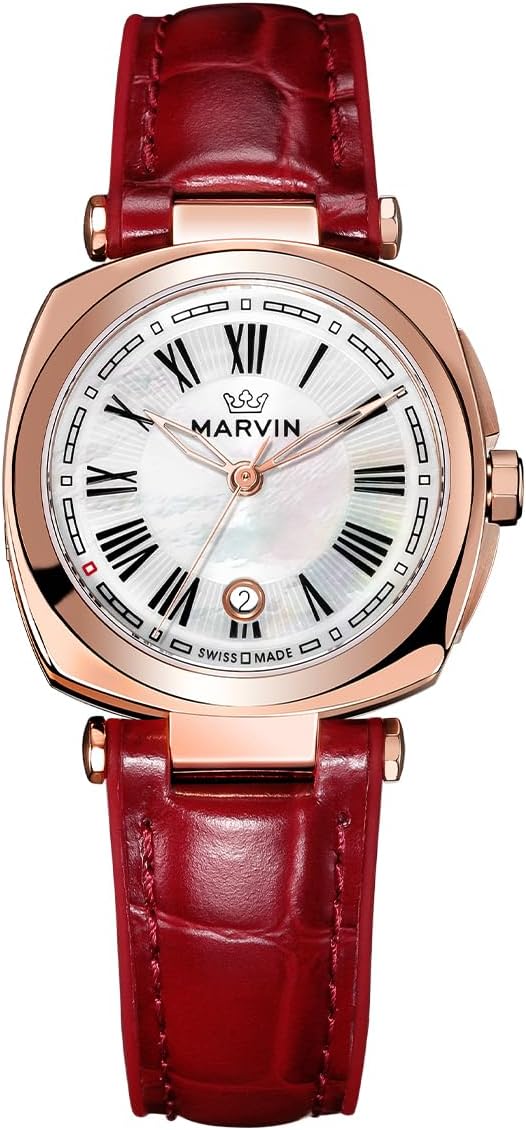 marvin Relojes para mujer, reloj suizo de pulsera con correa de silicona y cuero, caja de acero inoxidable en tono dorado rosa, movimiento de cuarzo, resistente al agua hasta 164.0 ft
