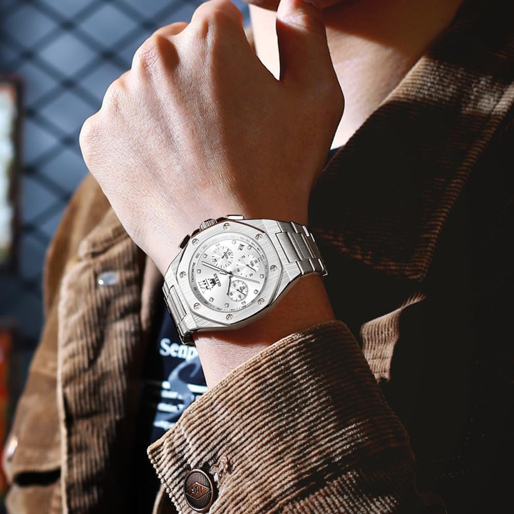 OLEVS Relojes para hombres de lujo octagonales en acero inoxidable de pulsera: reloj analógico de cuarzo de cara grande luminosa
