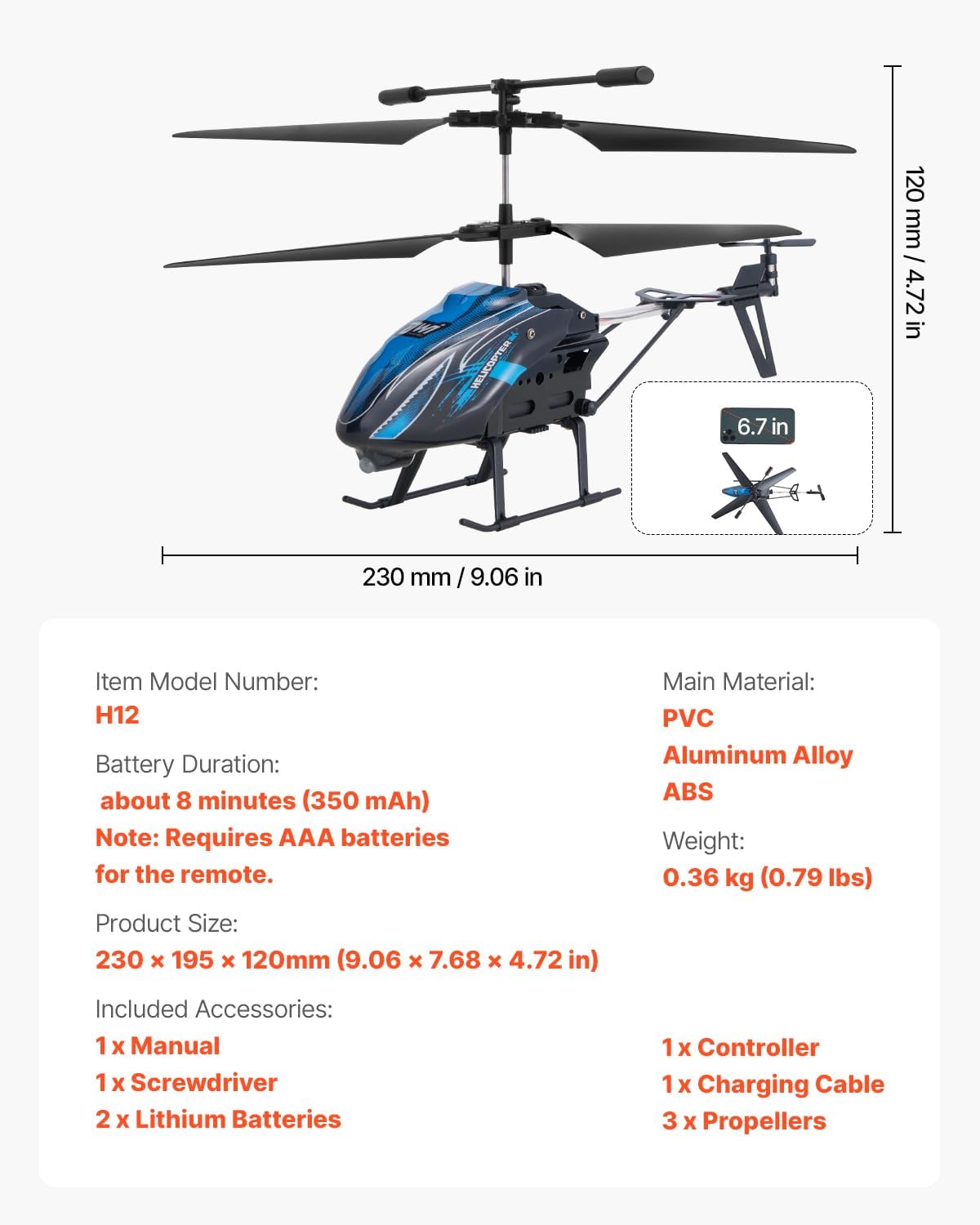 Helicóptero RC VEVOR, helicóptero de control remoto de 2.4GHz, avión RC de 3.5 canales para niños, 16 minutos de tiempo de vuelo, mantenimiento de altitud, despegue/aterrizaje de una tecla y luces LED