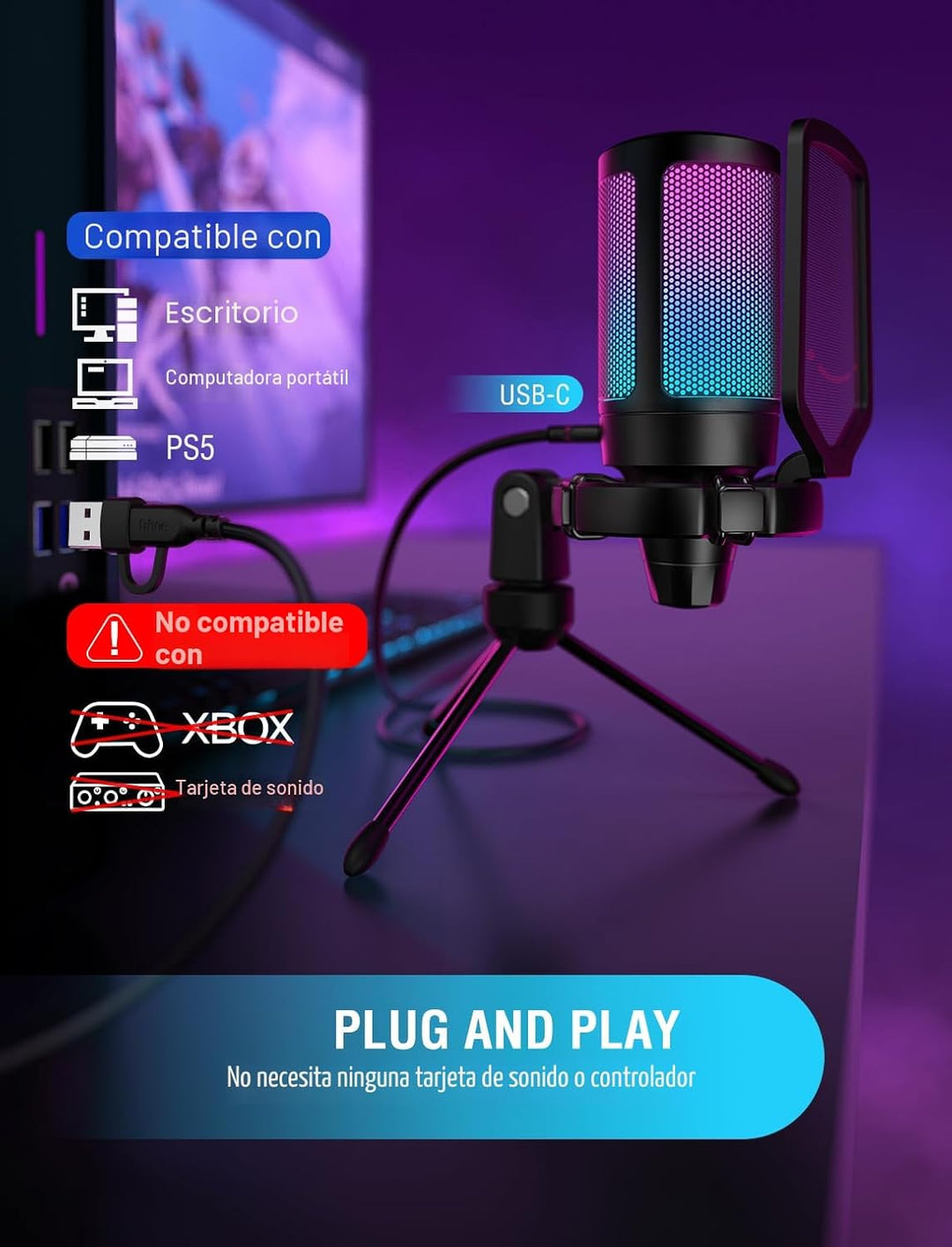 FIFINE Micrófono USB para juegos para PC PS5, micrófono de condensa...