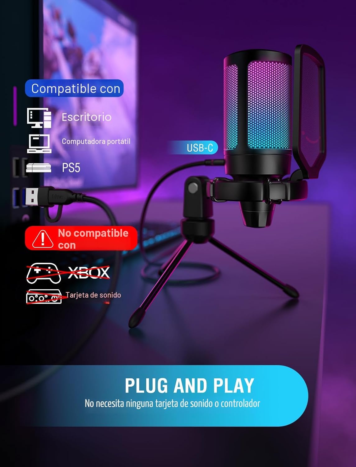 FIFINE Micrófono USB para juegos para PC PS5, micrófono de condensa...