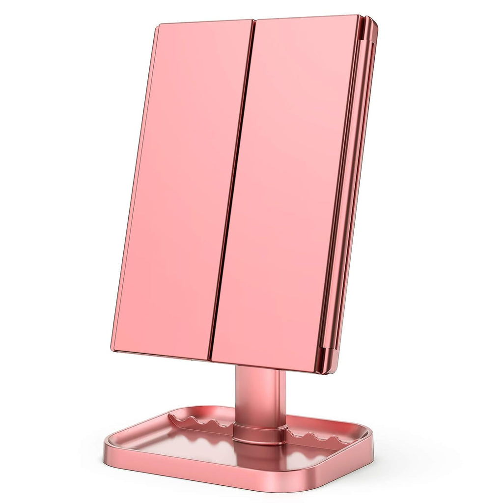 Espejo de tocador con aumento 2X/3X/10X con iluminación, espejo de maquillaje plegable trifold